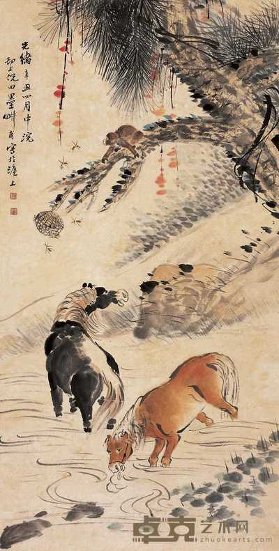 倪田 辛丑(1901年)作 双马封候图 立轴 130×65.5cm